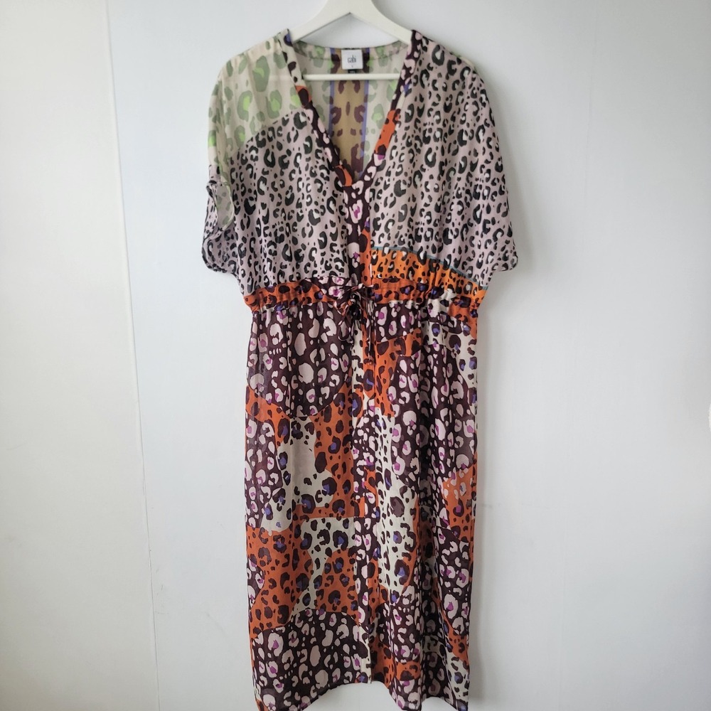 CAbi women's Escape Animal Print Tie Waist V-Neck Sheer Kimono Dress size S 5952